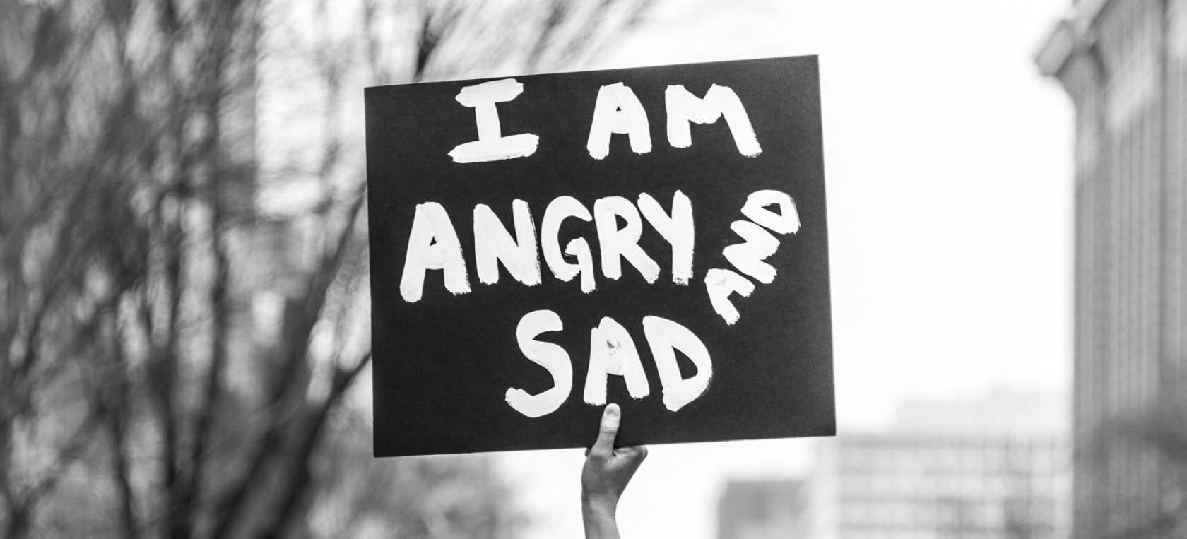 Photo of a protest sign: "I am angry and sad" 