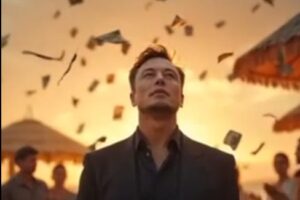 An AI-generated image of Elon Musk, made younger, thinner, and more handsome, standing and smiling as money rains down around him.