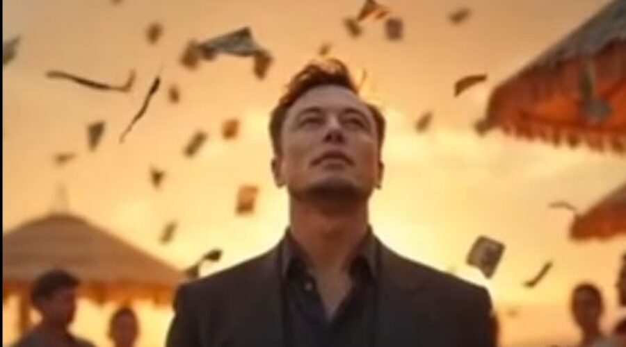 An AI-generated image of Elon Musk, made younger, thinner, and more handsome, standing and smiling as money rains down around him.