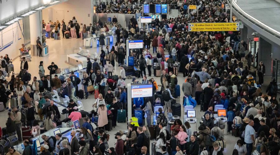 A photo of crushing crowds at an airport waiting in TSA lines.