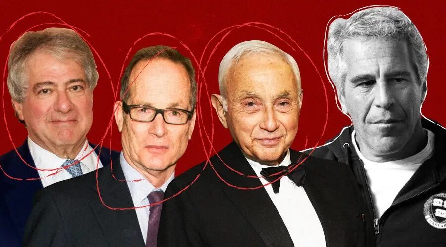 Photomontage of Jeffery Epstein, Leon Black, Les Wexner, and Glenn Dubin