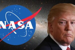 Trump looking annoyed , standing in front of the NASA logo.